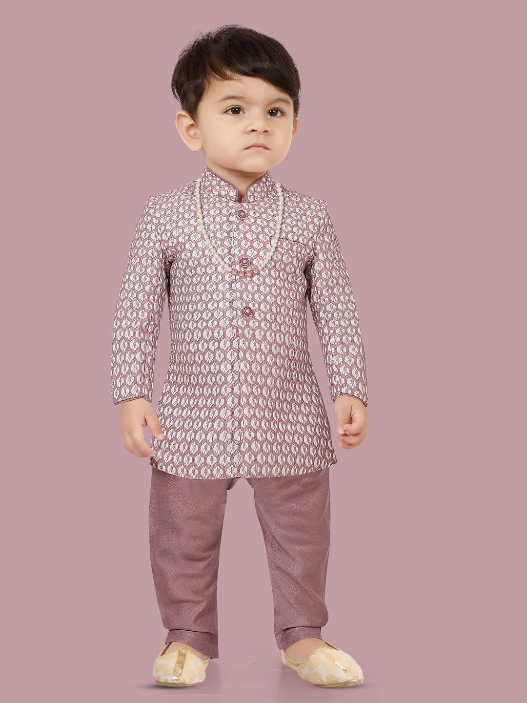 

Ethniks Neu-Ron Infant Geometric Printed Mandarin Collar Kurta with Pyjamas & Mala, Lavender