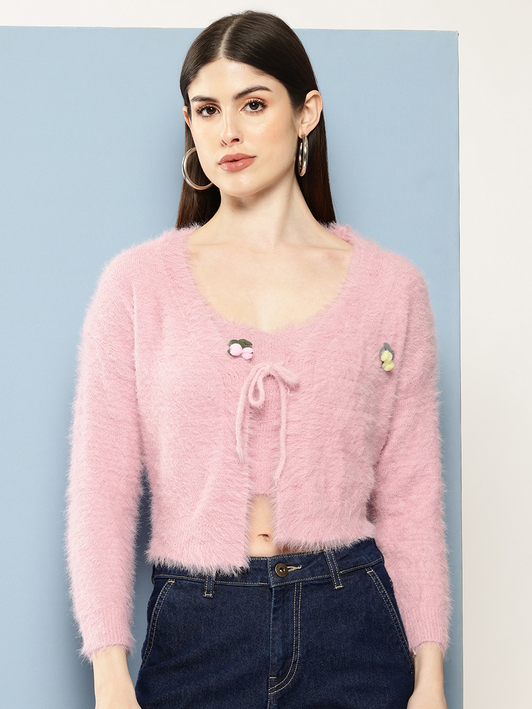 

Chemistry Boucle Woollen Crop Cardigan with Fuzzy Detail, Pink