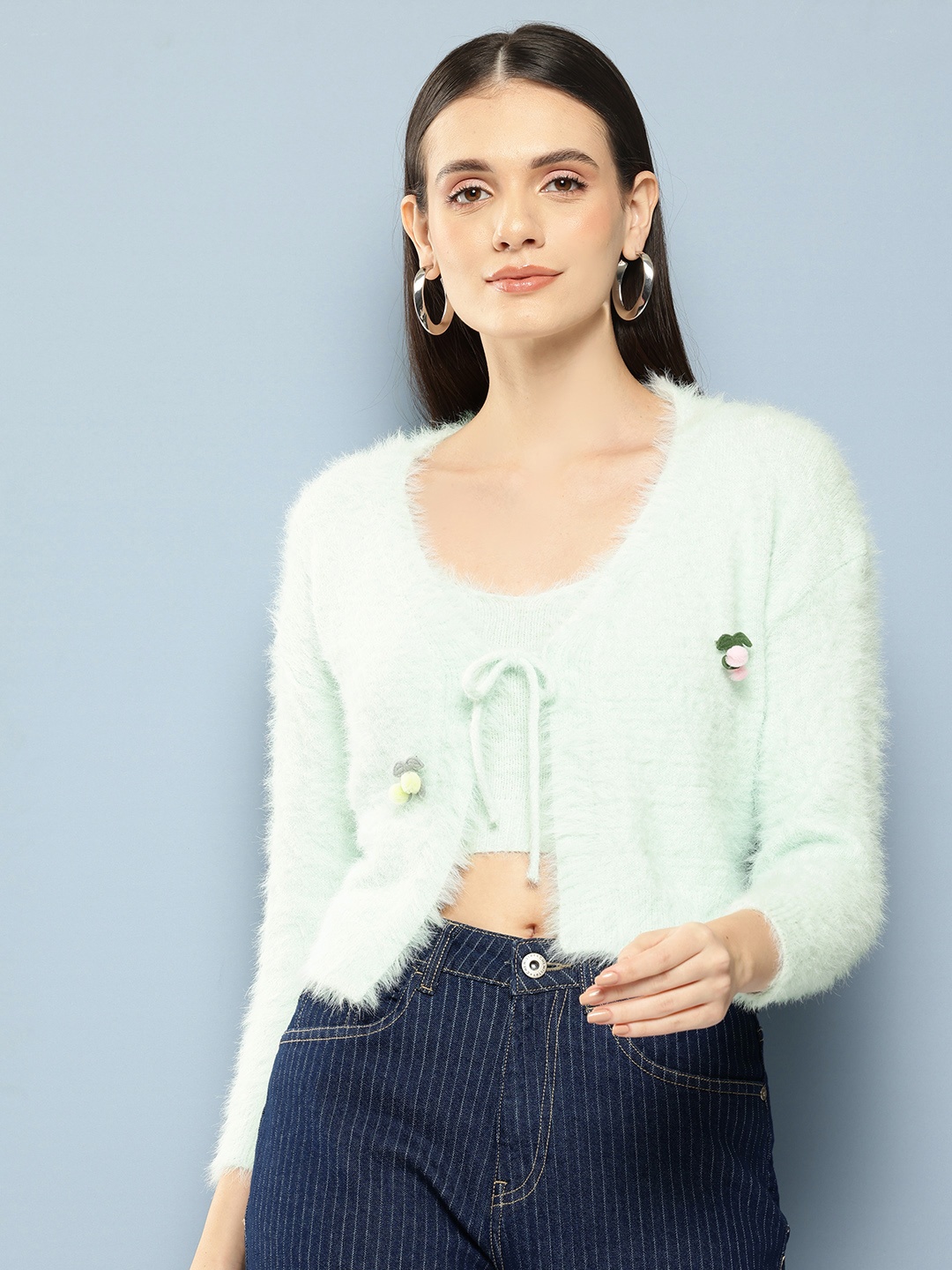 

Chemistry Boucle Woollen Crop Cardigan with Fuzzy Detail, Green