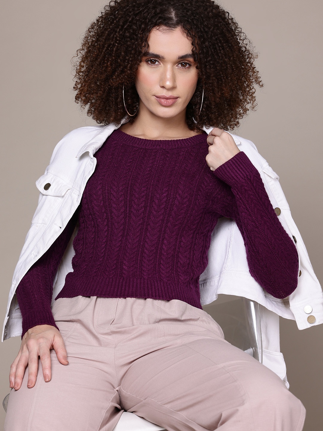 

Roadster Women Woollen Crop Pullover, Burgundy