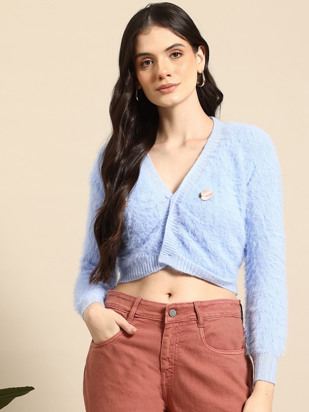 

Mast & Harbour Boucle Woollen Crop Top & Cardigan with Embroidered Detail, Blue