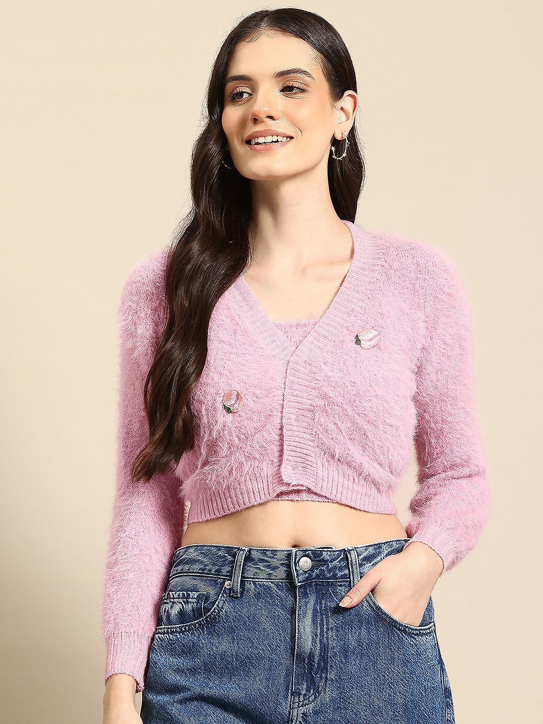 

Mast & Harbour Boucle Woollen Crop Top & Cardigan with Embroidered Detail, Pink