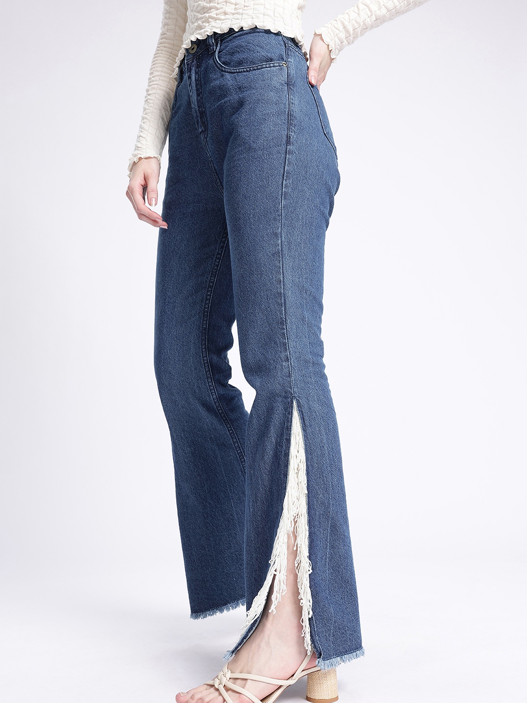 

glitchez Women Cool Vibe Tassels With Side Slits Bootcut Jeans, Blue