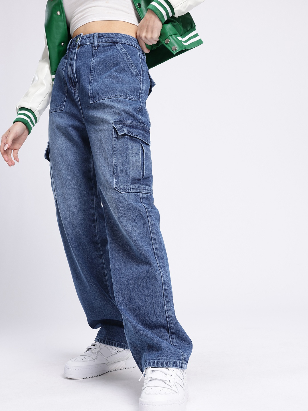 

glitchez Women Utility Cool Straight Fit Heavy Fade Cargo Jeans, Blue