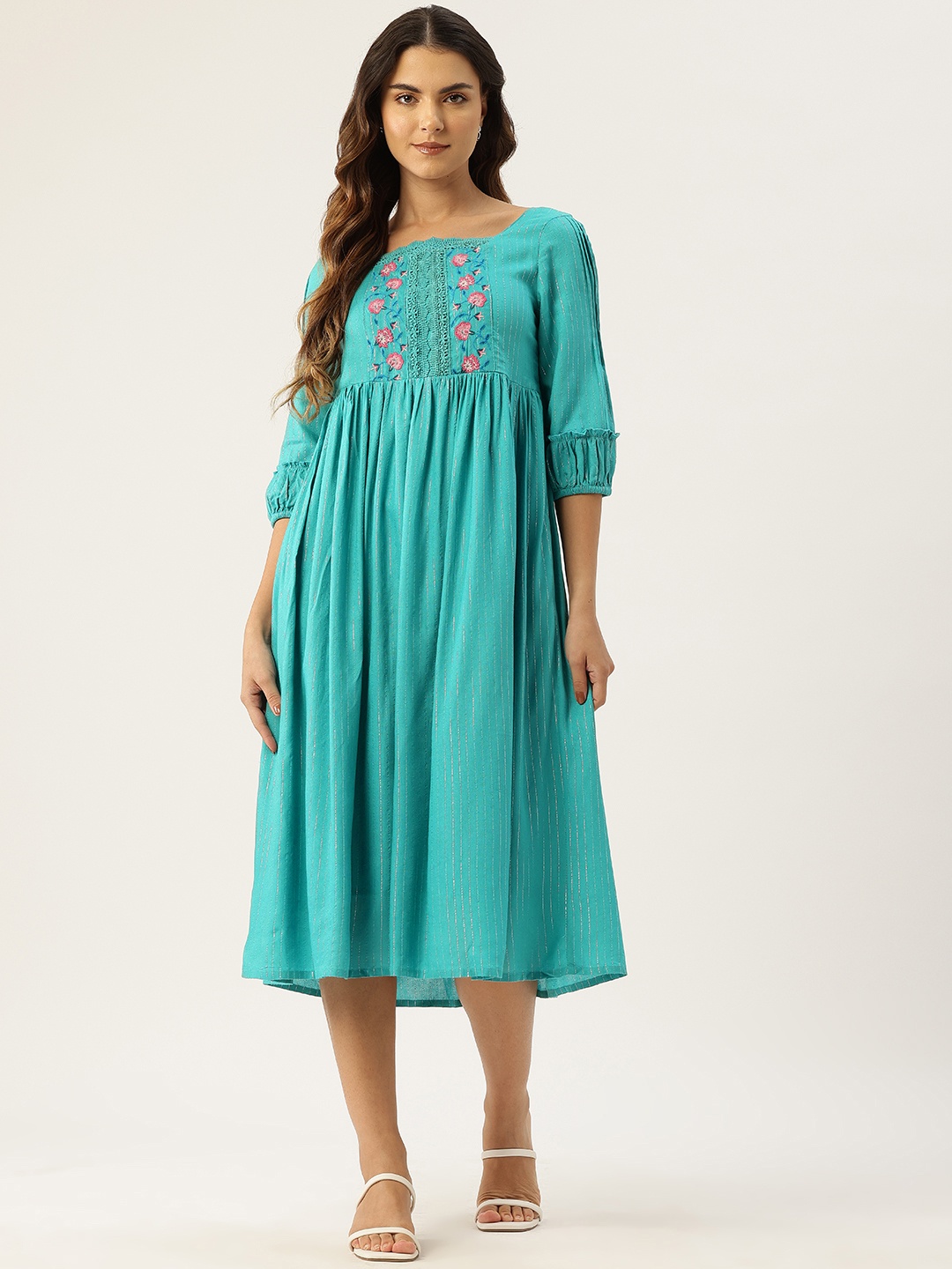

MISRI Striped Puff Sleeve Fit & Flare Midi Dress, Green