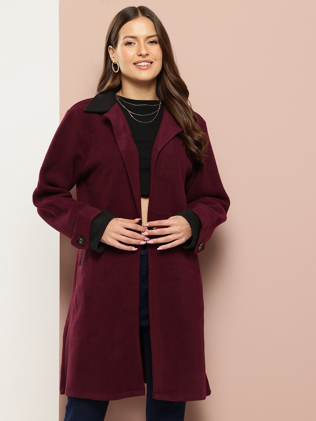 

Qurvii Fleece Longline Overcoat, Burgundy