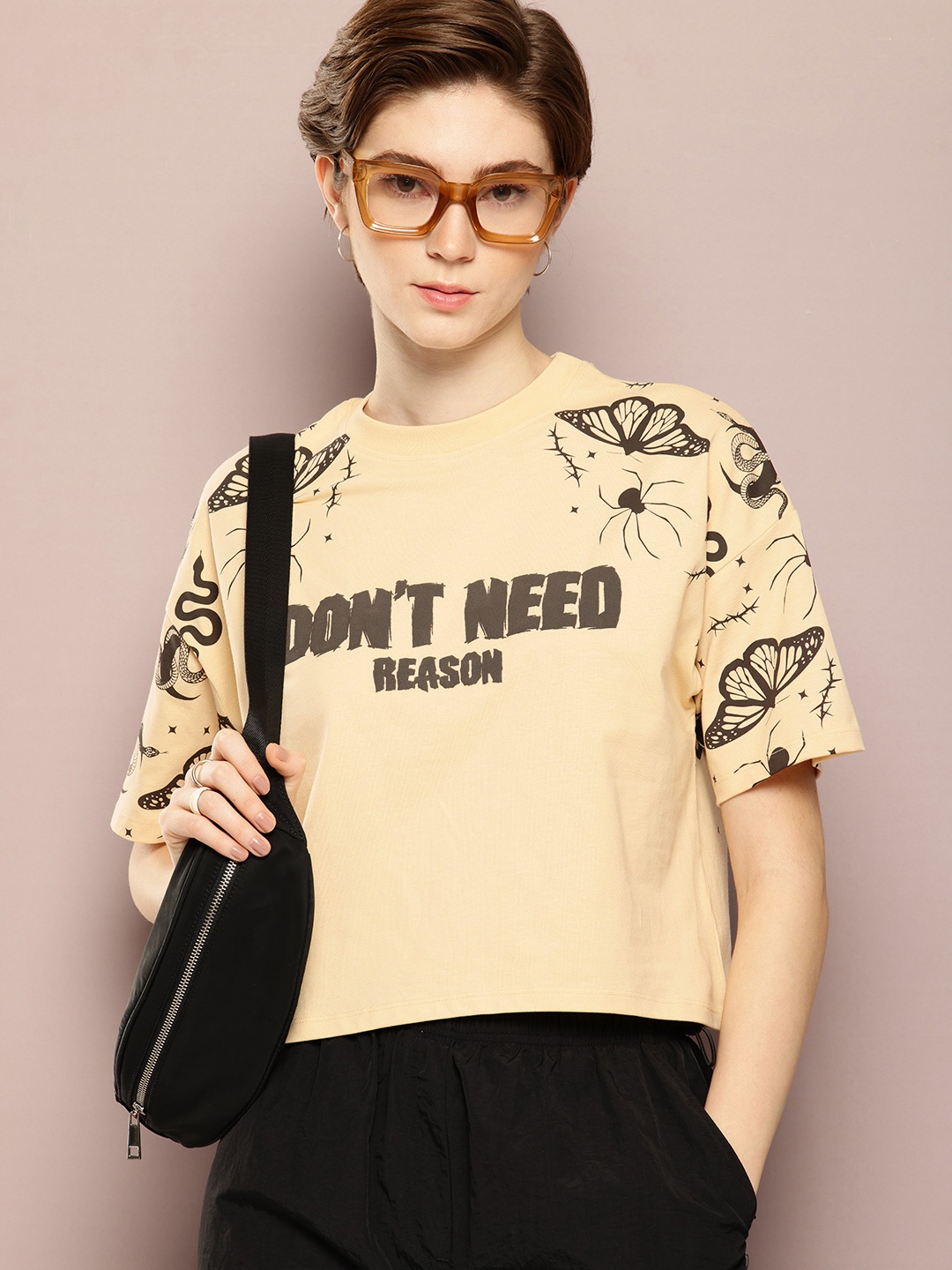 

Kook N Keech Women Typography Printed Drop-Shoulder Sleeves T-shirt, Beige