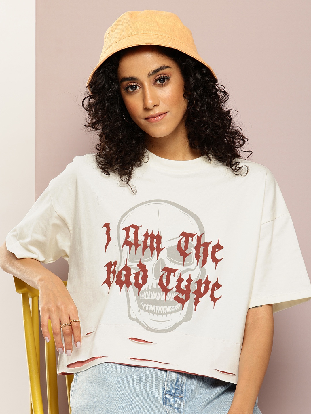 

Kook N Keech Typography Printed Drop-Shoulder Sleeves Boxy T-shirt, Off white