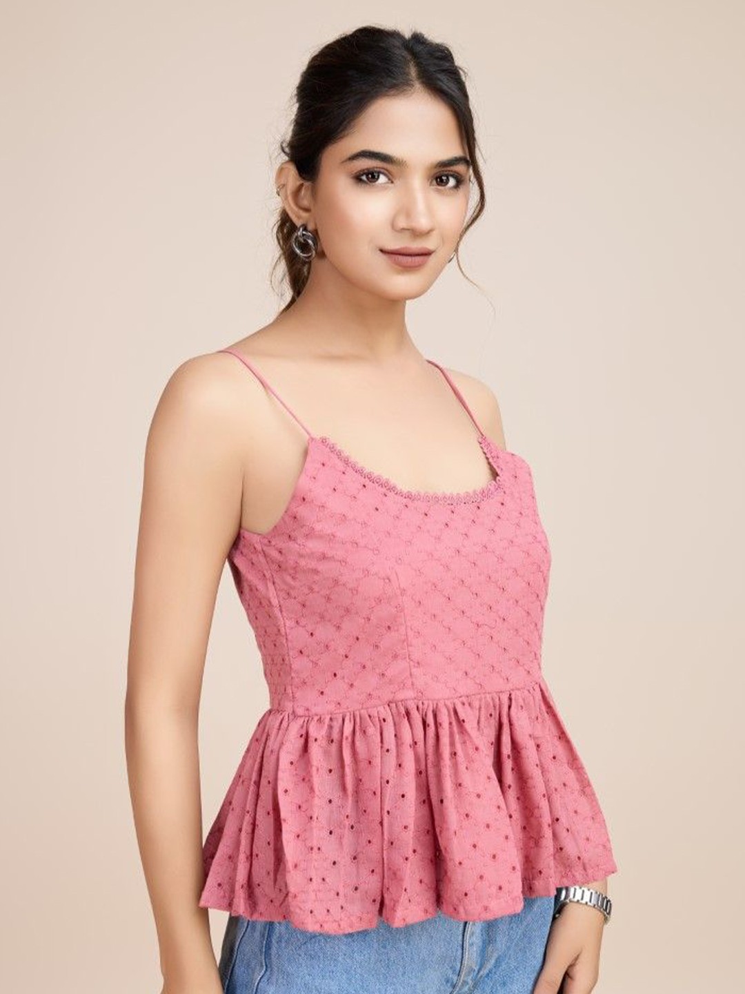 

HOUSE OF MIRA Women Pink Shoulder Straps Cotton Peplum Top