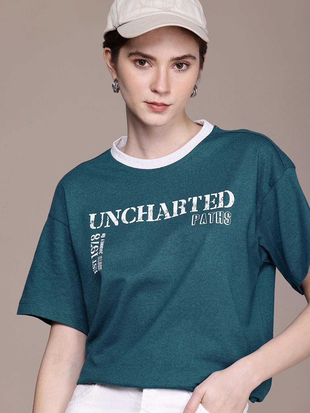 

The Roadster Life Co. Typography Printed Drop-Shoulder Sleeves Oversized T-shirt, Teal