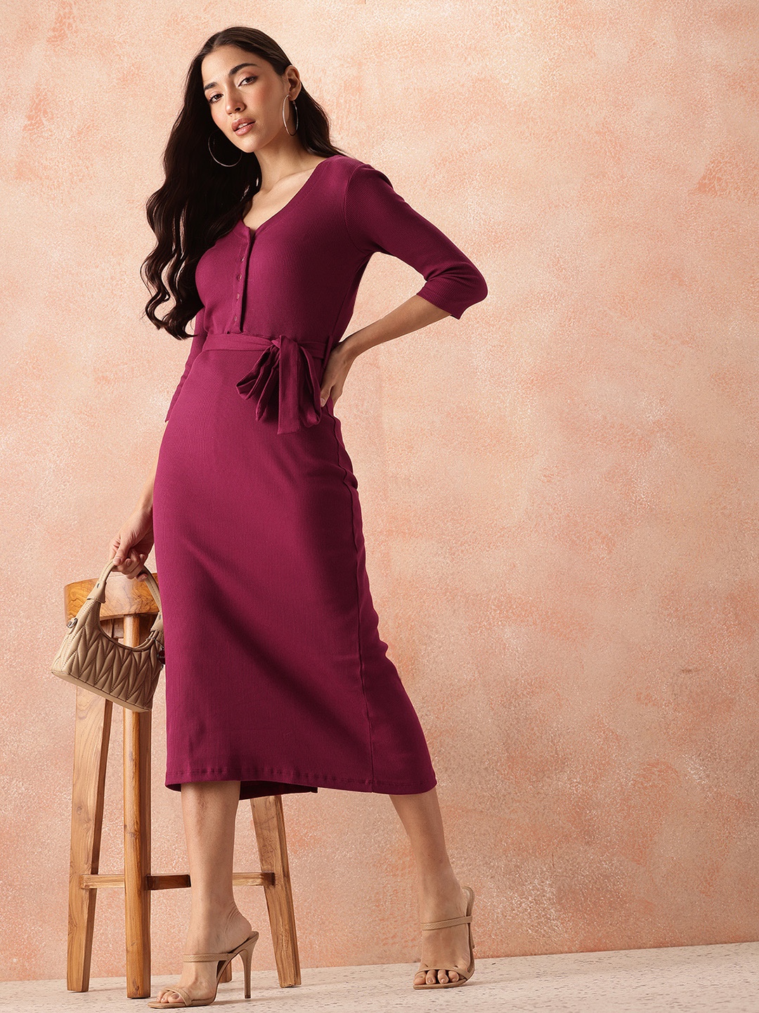 

all about you Ribbed Wrap Style Dress Comes With a Belt, Maroon