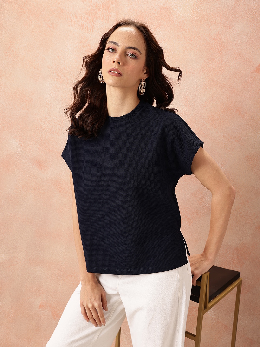 

all about you Textured Extended Sleeves Top, Navy blue