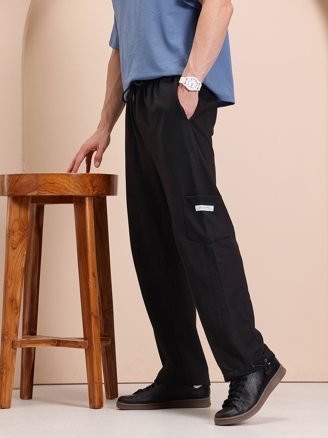 

Mast & Harbour Men Mid-Rise Relaxed Fit Cargo-Style Track Pants with Toggle Hem, Black