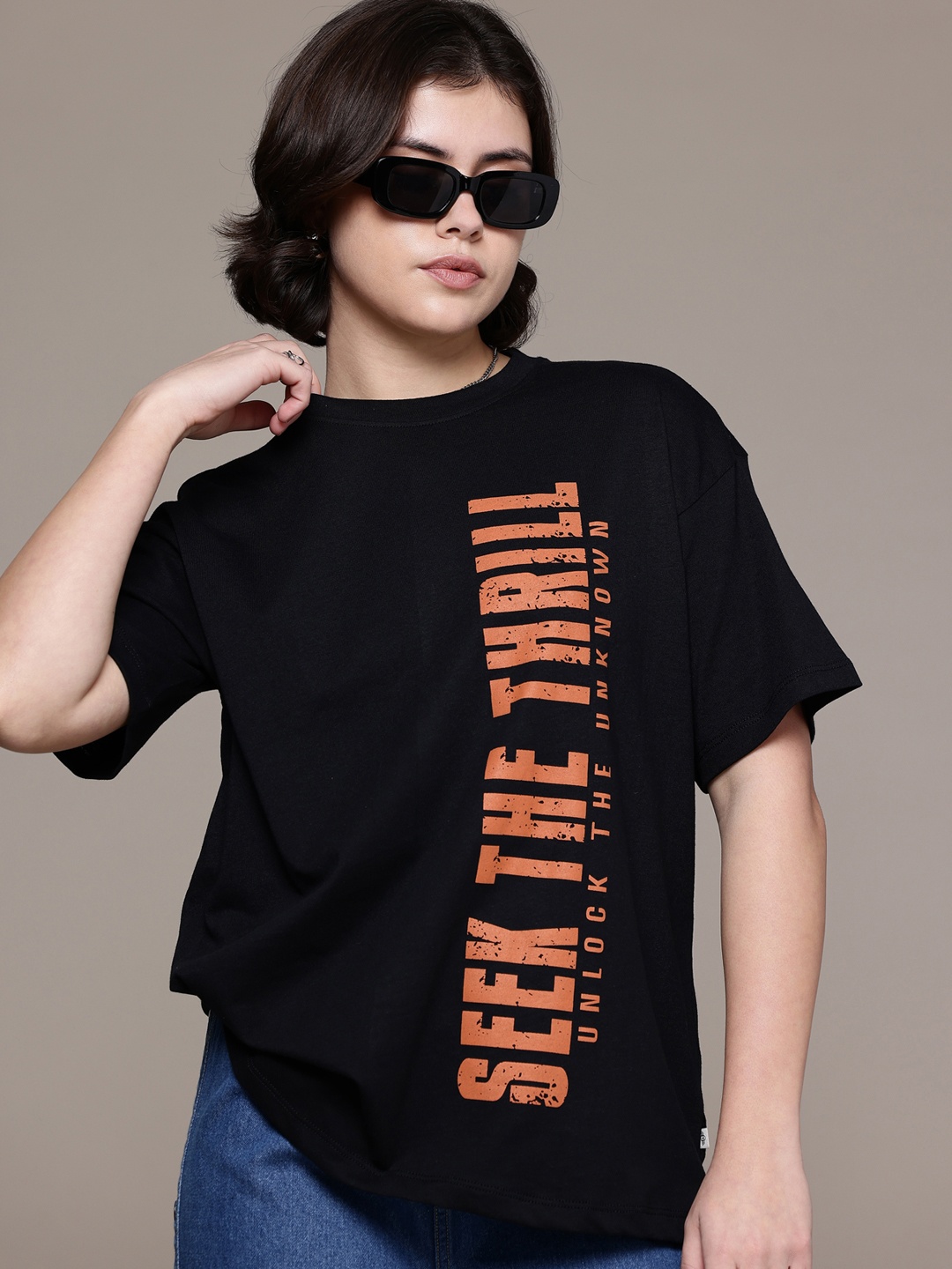 The Roadster Life Co. Relaxed Fit Typography Printed T-shirt, Black