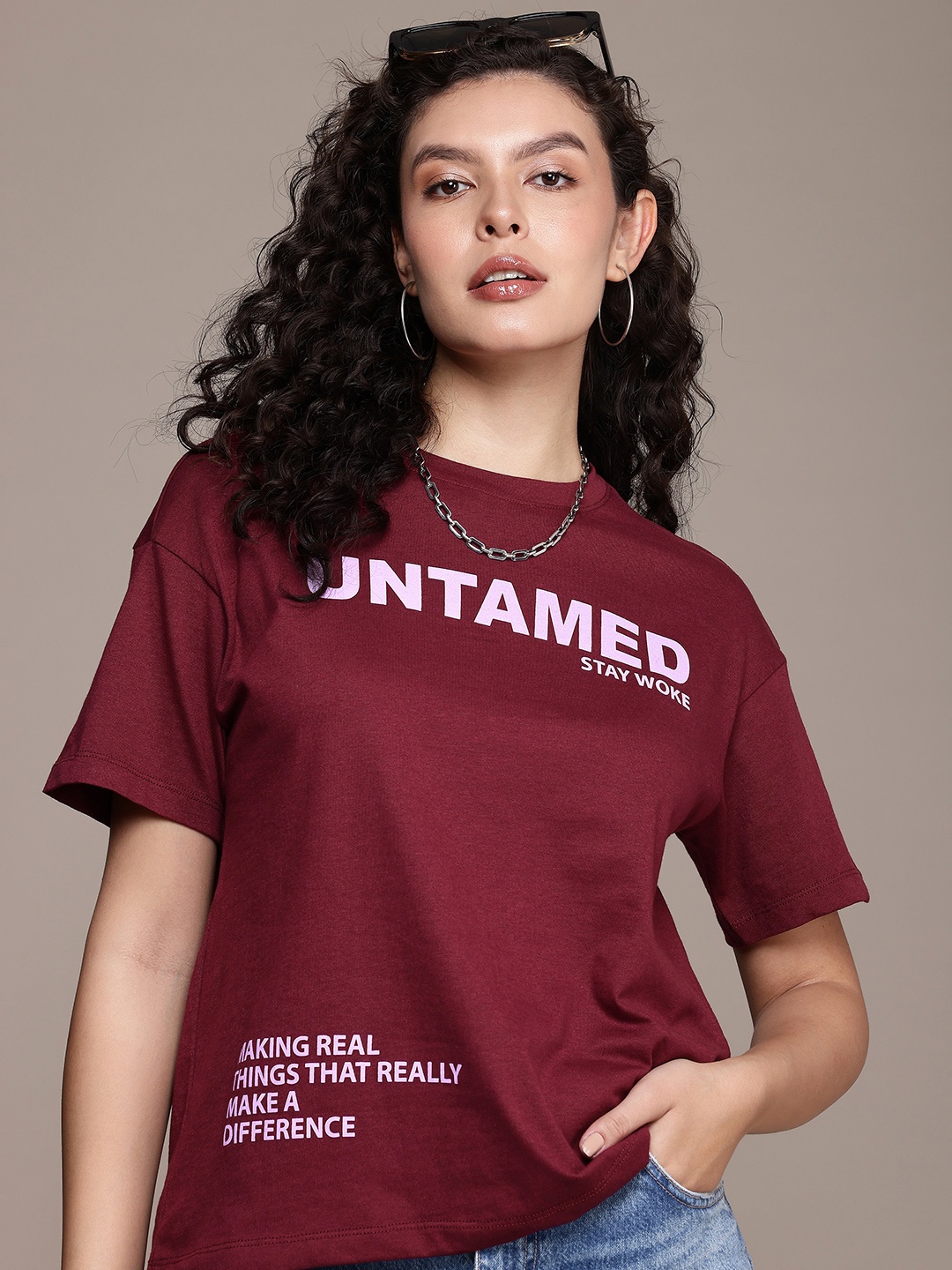 The Roadster Life Co. Typography Printed Drop-Shoulder Sleeves Oversized T-shirt, Maroon