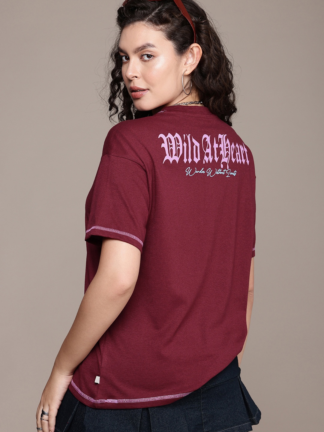 

The Roadster Life Co. Typography Printed Drop-Shoulder Sleeves Oversized T-shirt, Maroon