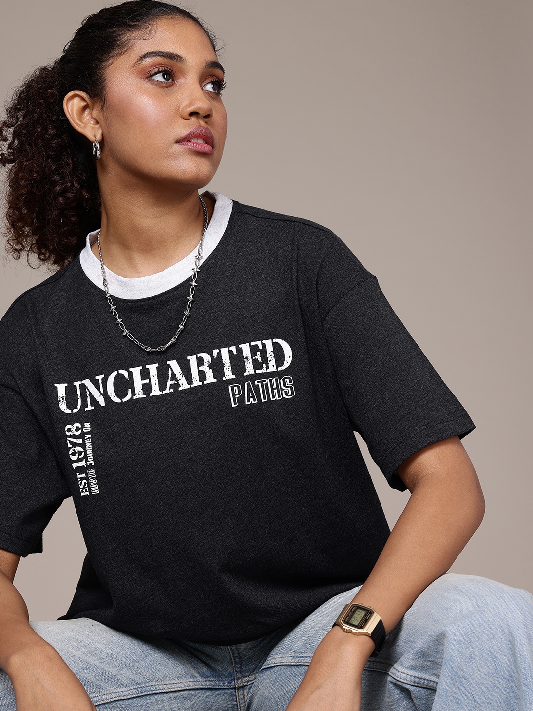 

The Roadster Life Co. Typography Printed Drop-Shoulder Sleeves Oversized T-shirt, Charcoal