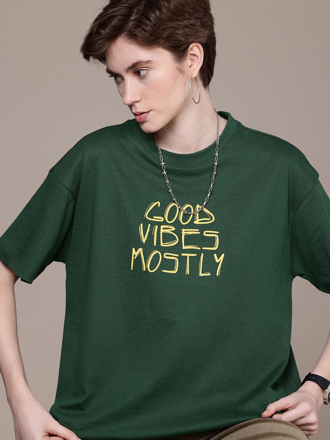 

The Roadster Life Co. Typography Printed Drop-Shoulder Sleeves Oversized T-shirt, Green
