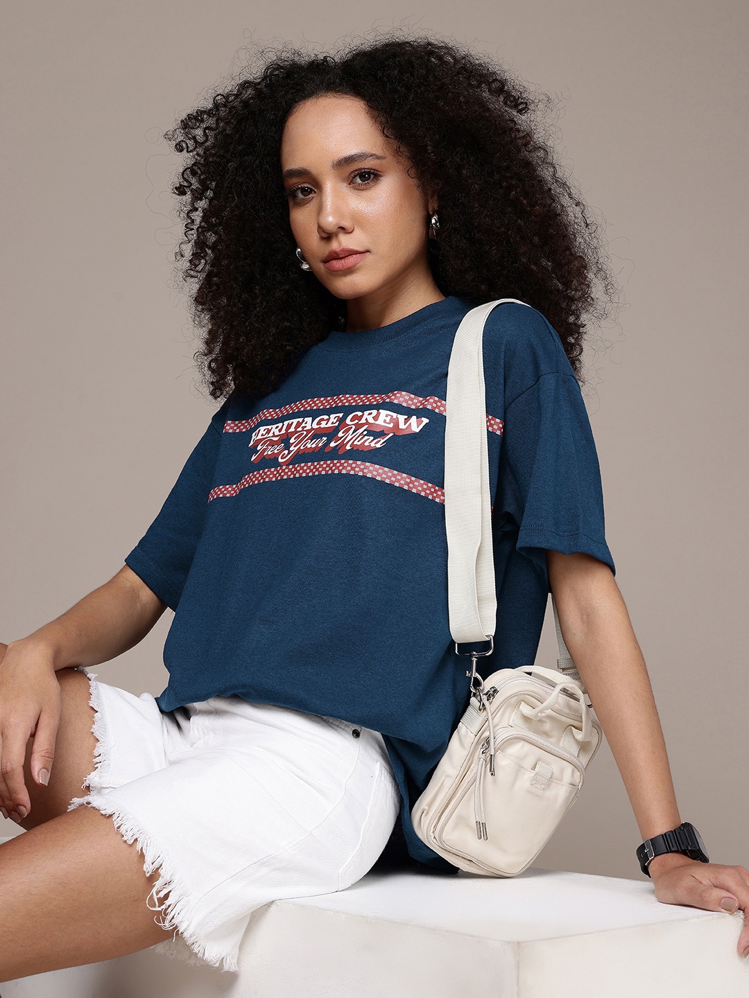 

The Roadster Life Co. Typography Printed Oversized T-shirt, Navy blue