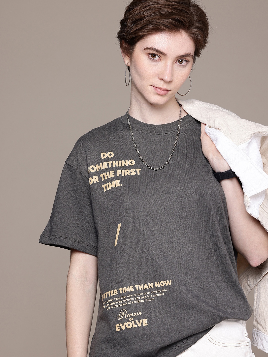 

The Roadster Life Co. Typography Printed Drop-Shoulder Sleeves Oversized T-shirt, Grey