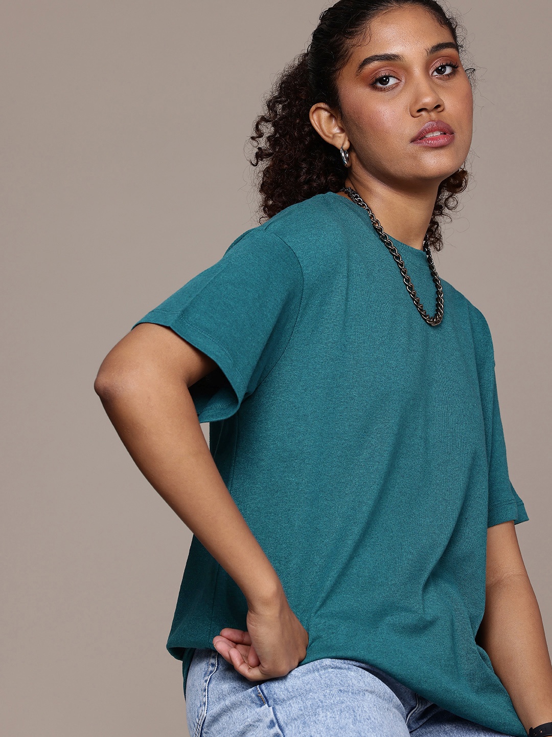 

The Roadster Life Co. Drop-Shoulder Sleeves Oversized T-shirt, Teal