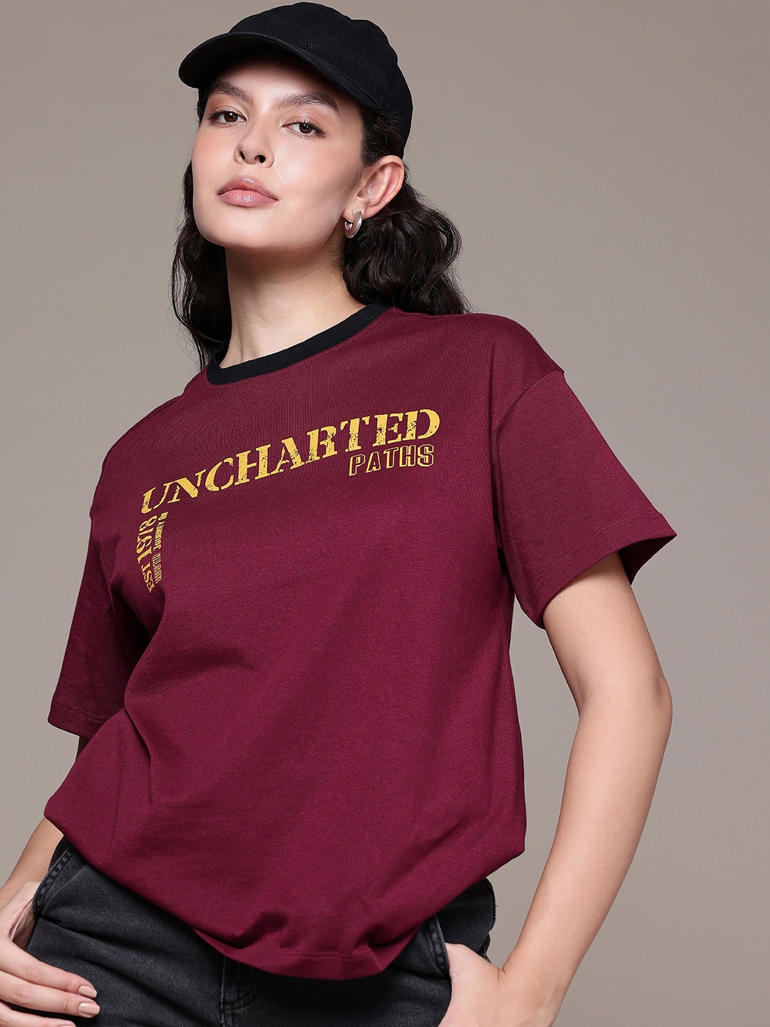 

The Roadster Life Co. Typography Printed Drop-Shoulder Sleeves Oversized T-shirt, Maroon