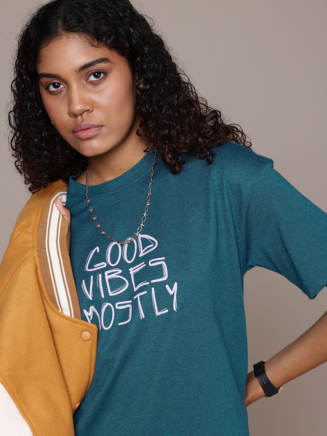 

The Roadster Life Co. Typography Printed Drop-Shoulder Sleeves Oversized T-shirt, Teal