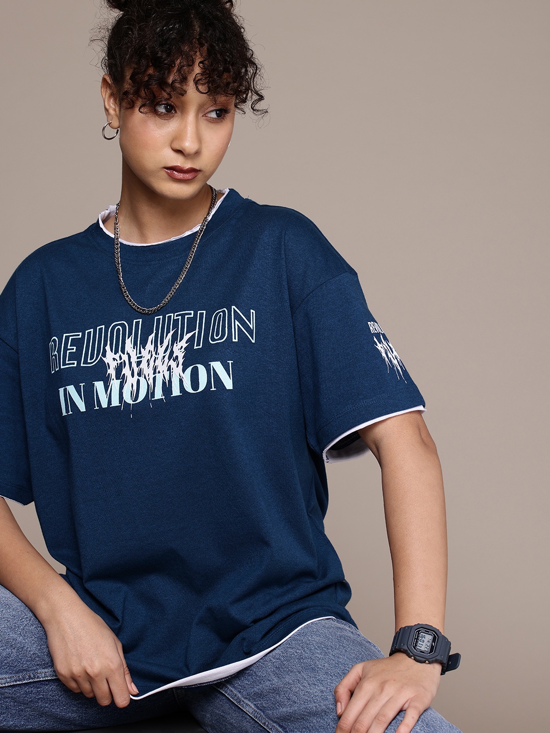 

The Roadster Life Co. Typography Printed Oversized Longline T-shirt, Navy blue