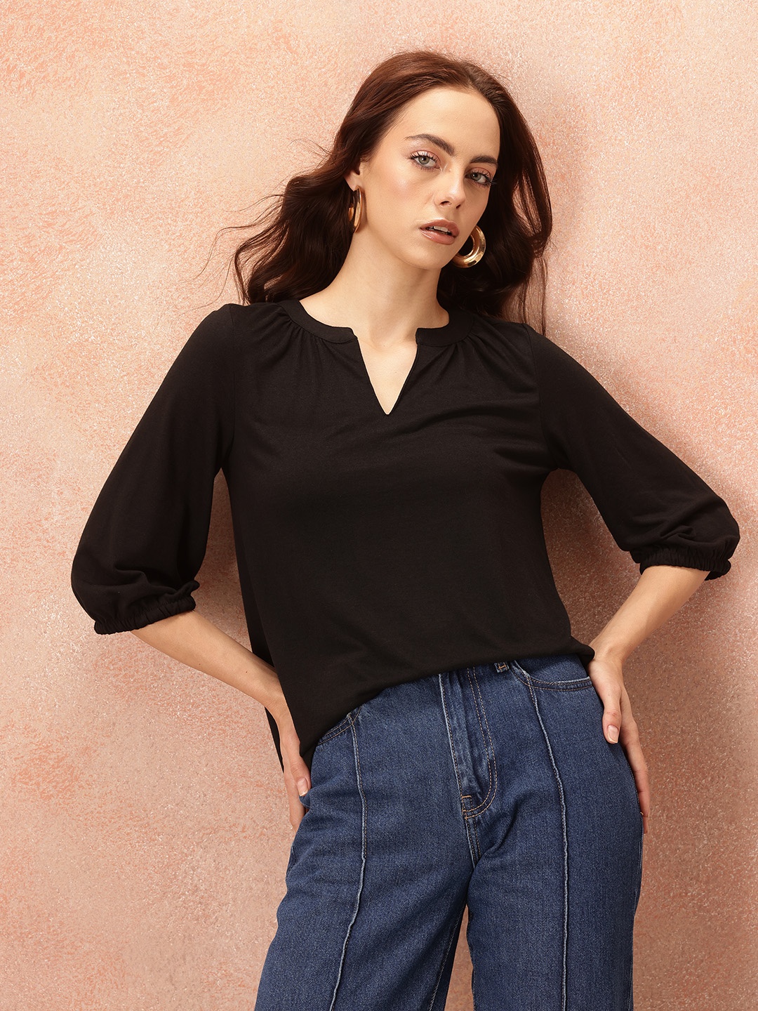 

all about you Mandarin Collar Puff Sleeve Top, Black