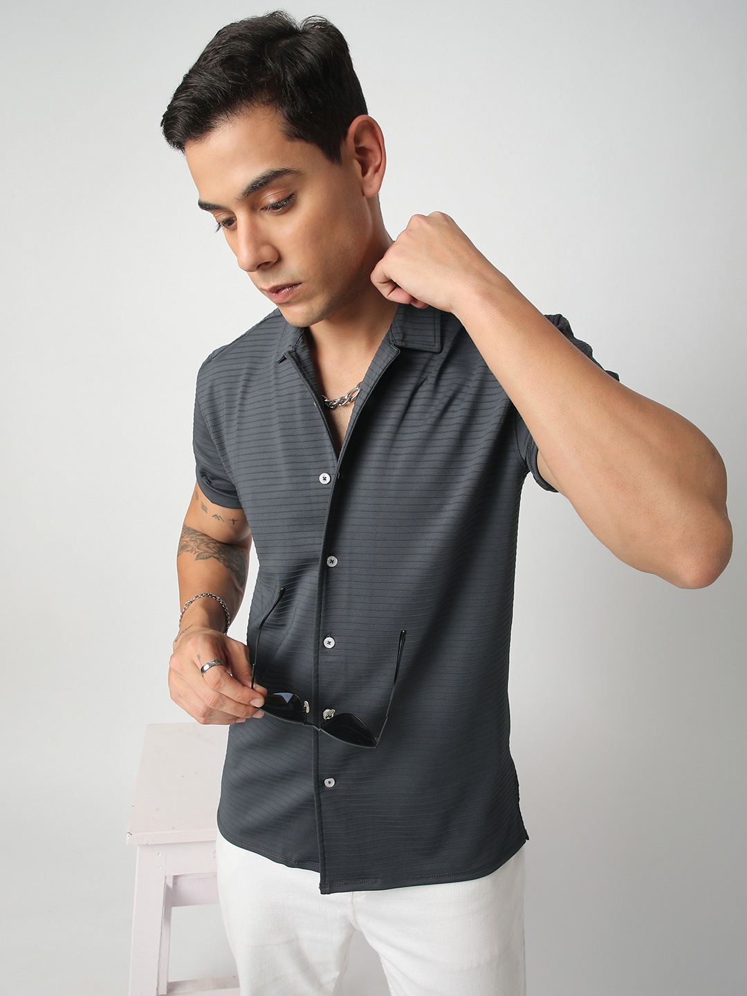 

VASTRADO Men Classic Cuban Collar Textured Casual Shirt, Grey