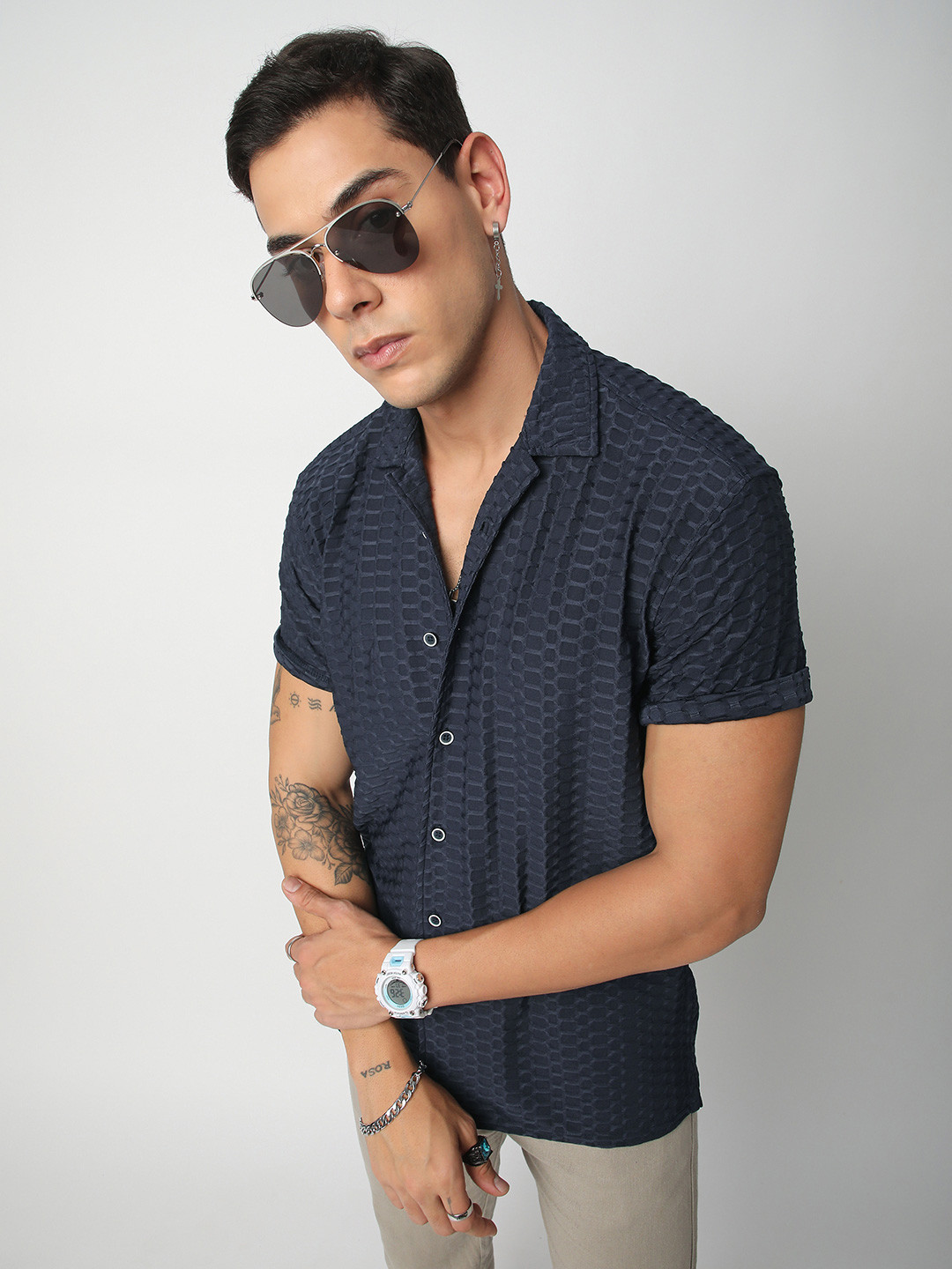 

VASTRADO Men Classic Cuban Collar Textured Casual Shirt, Navy blue