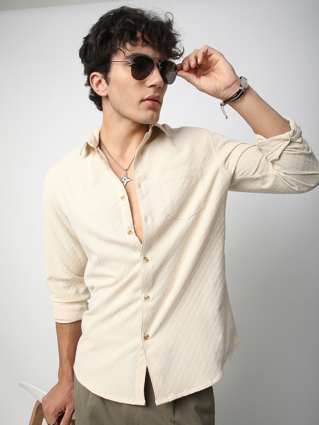 

VASTRADO Men Classic Cutaway Collar Textured Casual Shirt, Beige