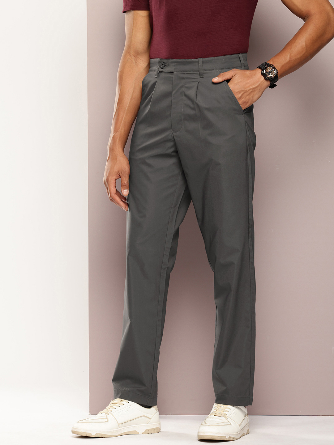 

Kook N Keech Men Smart Pleated Casual Trousers, Grey