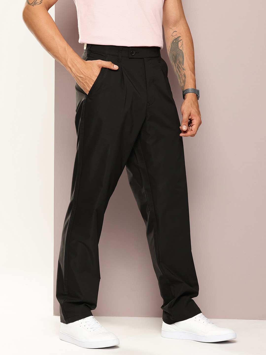 

Kook N Keech Men Smart Relaxed Fit Pleated Trousers, Black