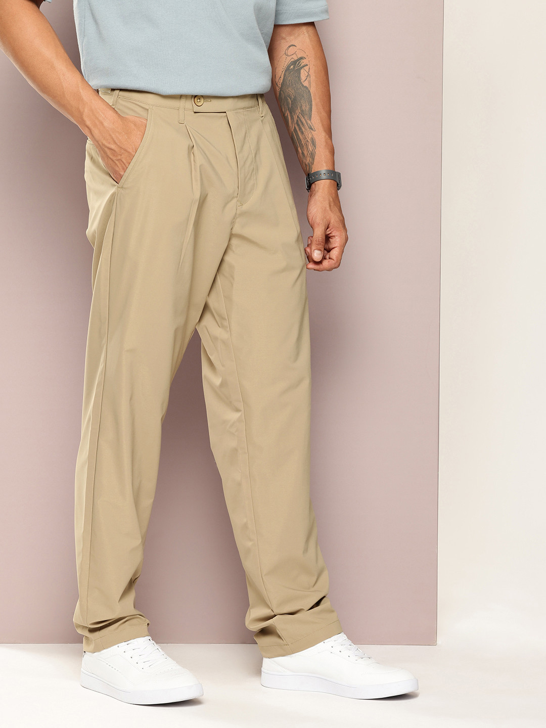 

Kook N Keech Men Smart Relaxed Fit Pleated Trousers, Beige