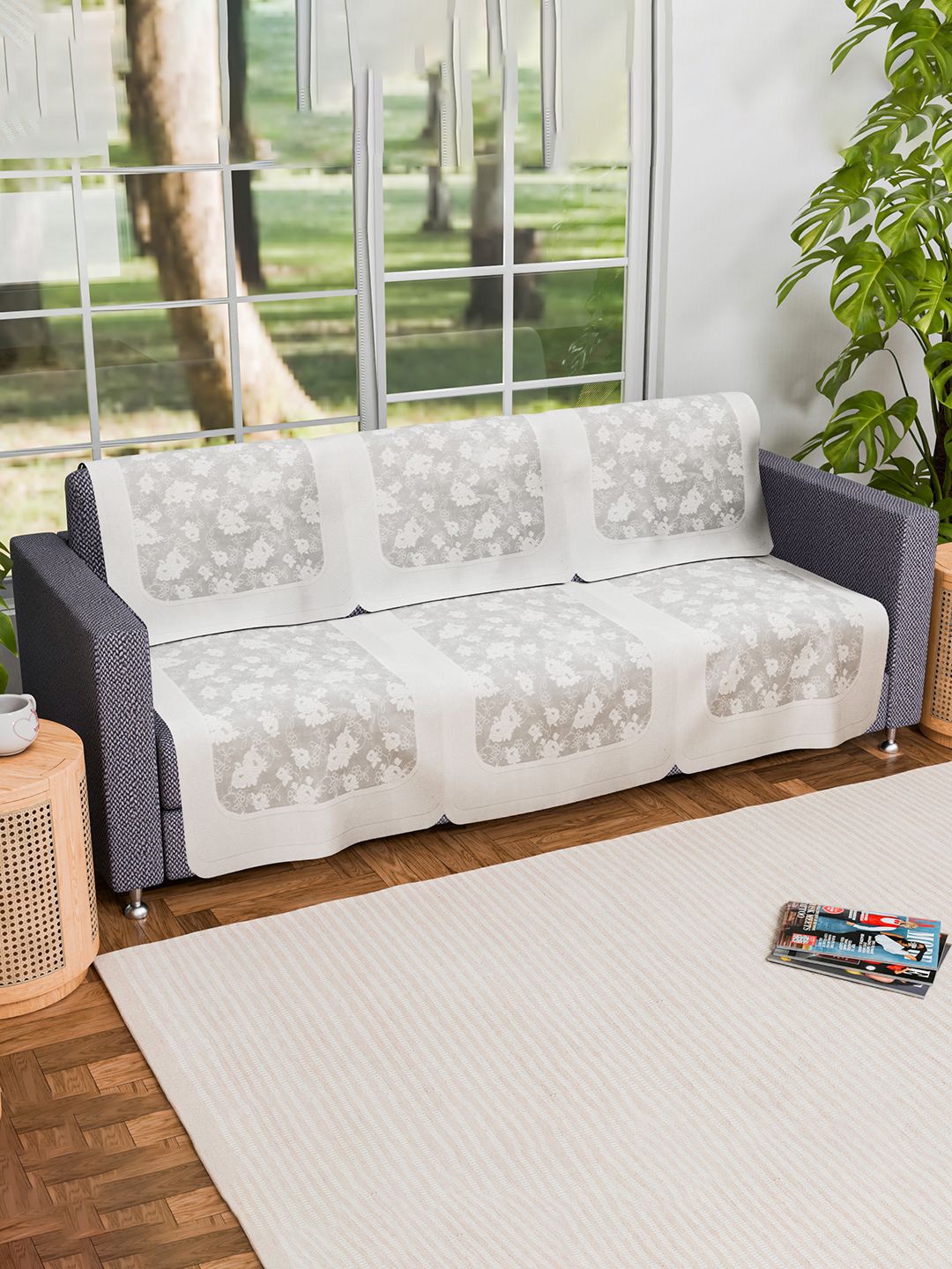 

Kuber Industries Cream-Coloured & Grey Set Of 2 Printed 3 Seater Cotton Sofa Covers