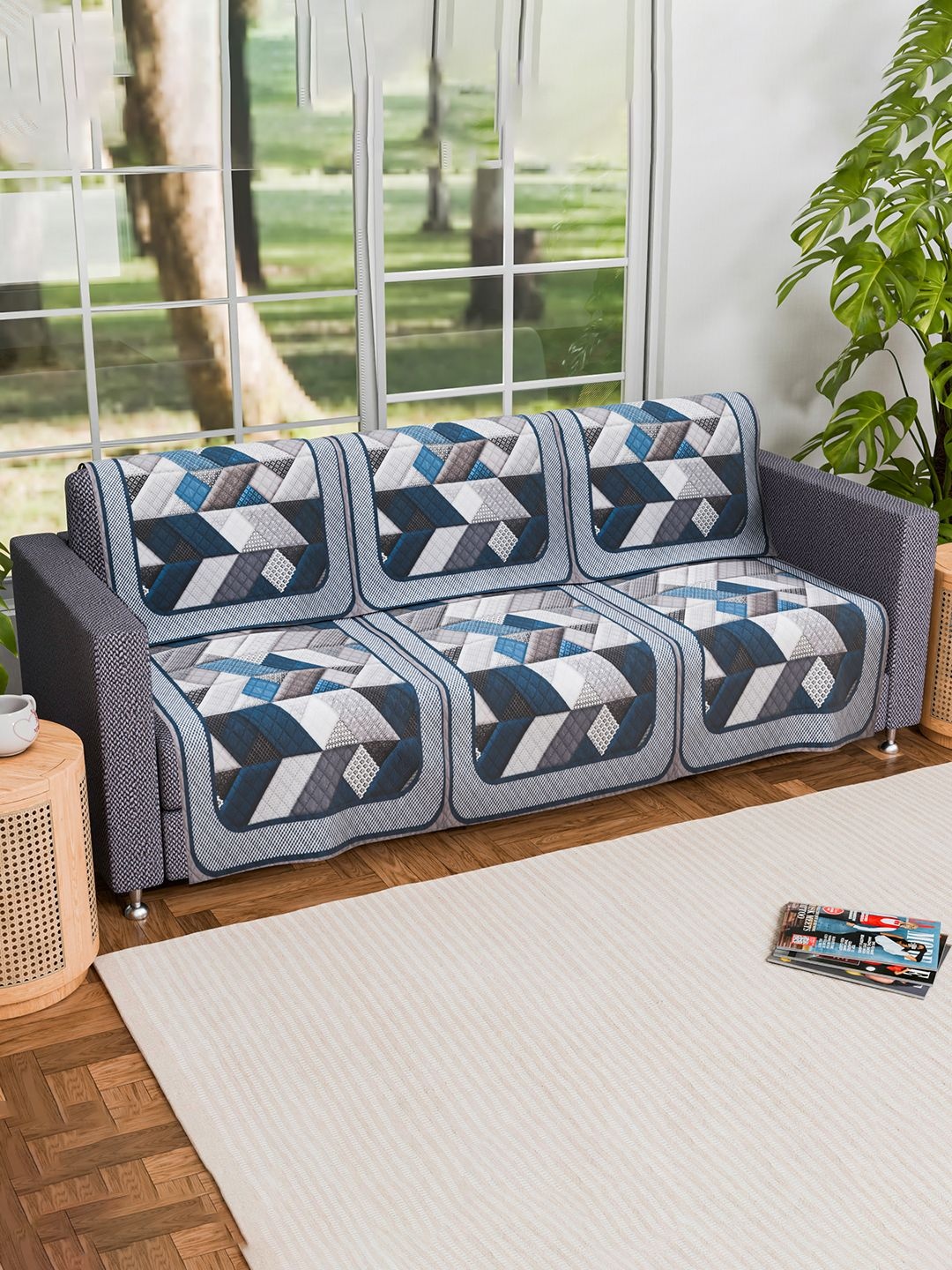 

Kuber Industries Grey & Blue Set Of 2 Geometric Printed 3 Seater Velvet Sofa Covers