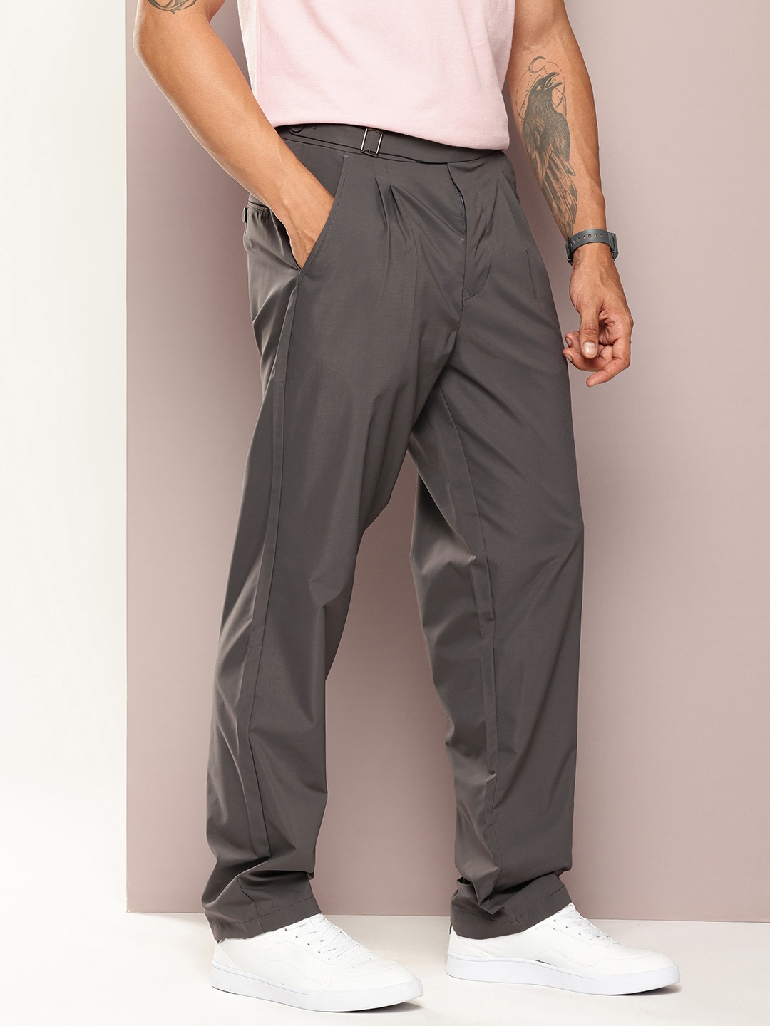 

Kook N Keech Men Smart Relaxed Fit Pleated Trousers, Grey