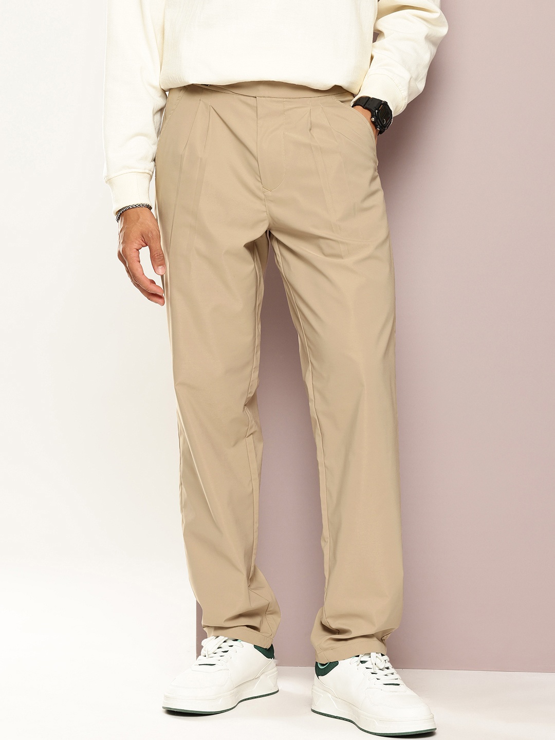 

Kook N Keech Men Smart Relaxed Fit Pleated Trousers, Beige