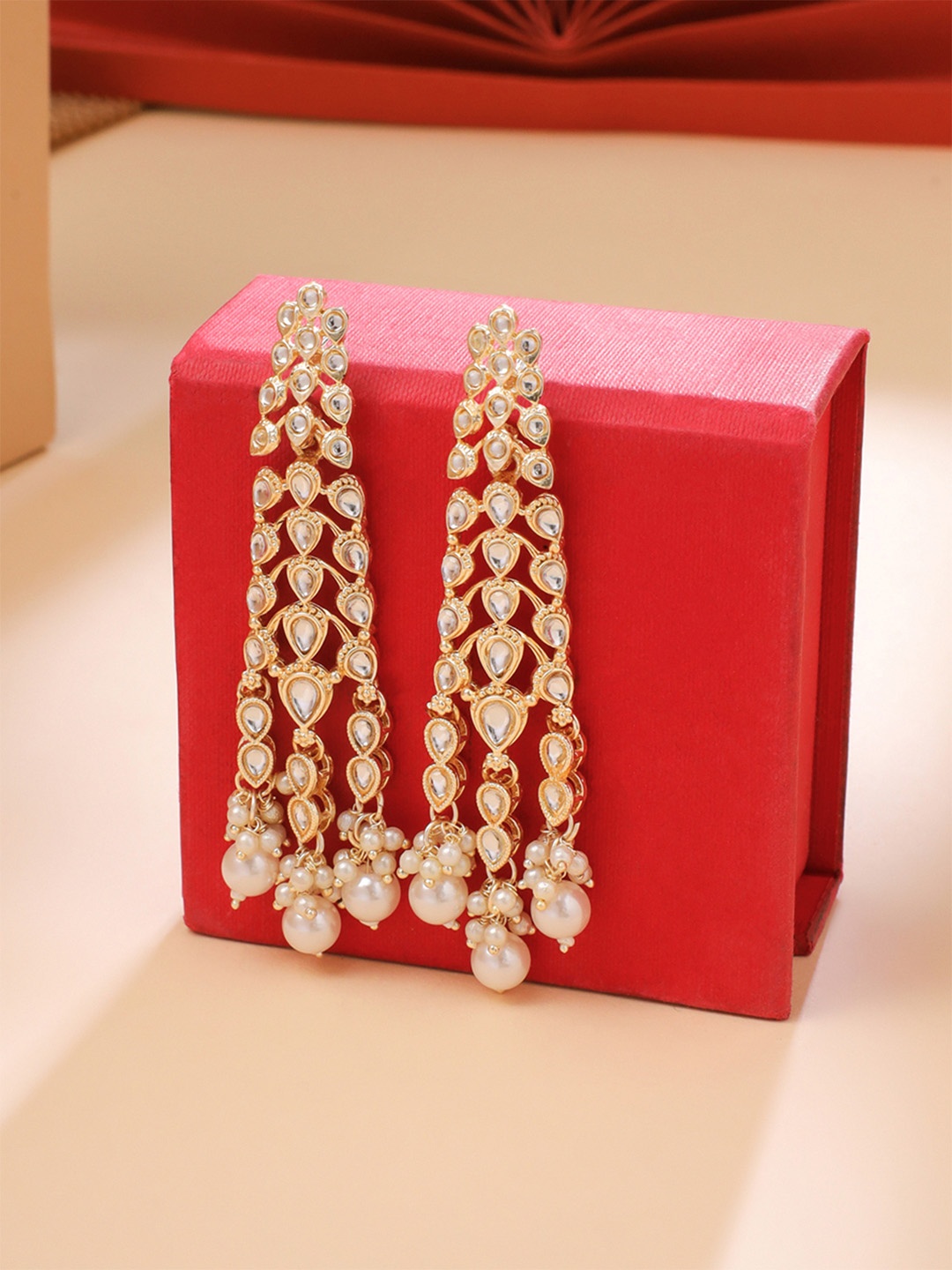 

Yellow Chimes Gold Plated Kundan Stone Studded & Pearls Beaded Drop Earrings