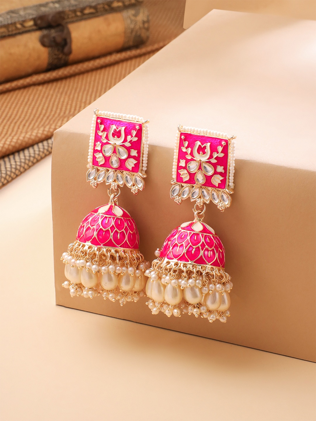 

Yellow Chimes Gold Plated Stone Studded & Beaded Meenakari Jhumkas
