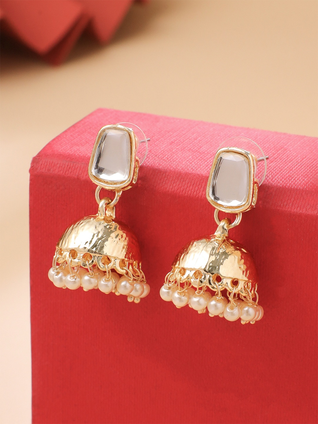 

Yellow Chimes Gold Plated Stone Studded & Beaded Jhumkas