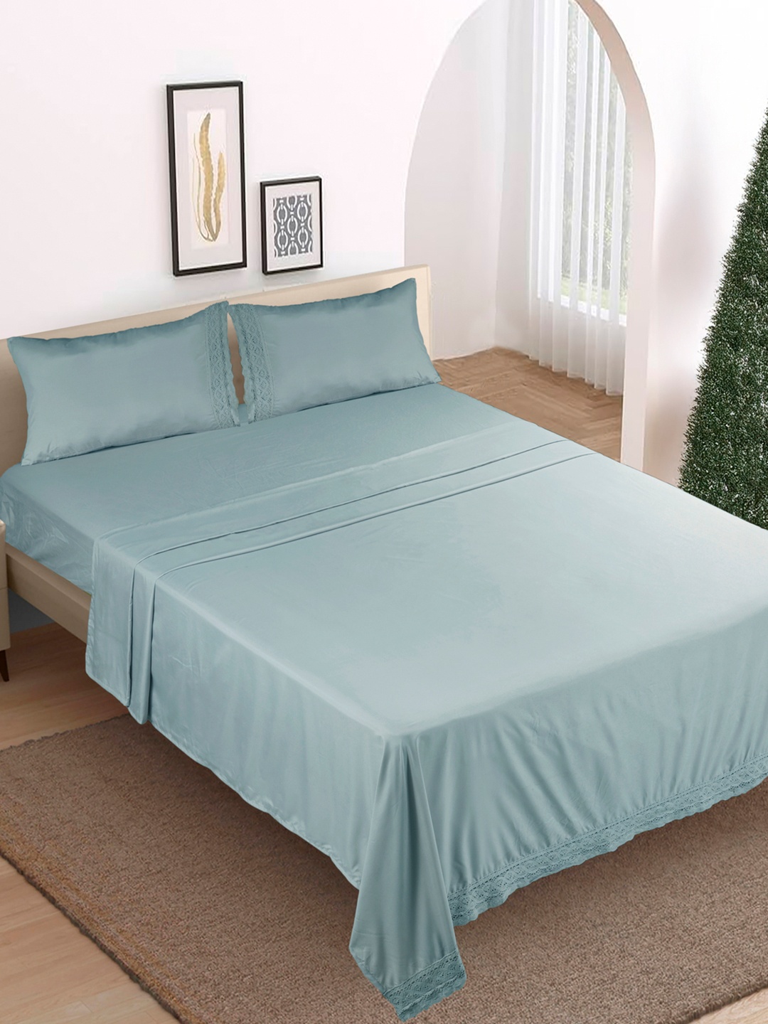 

Modern Threads Mineral Lace Solid Microfiber 4 Piece Queen Size Bedsheet Set, Turquoise blue