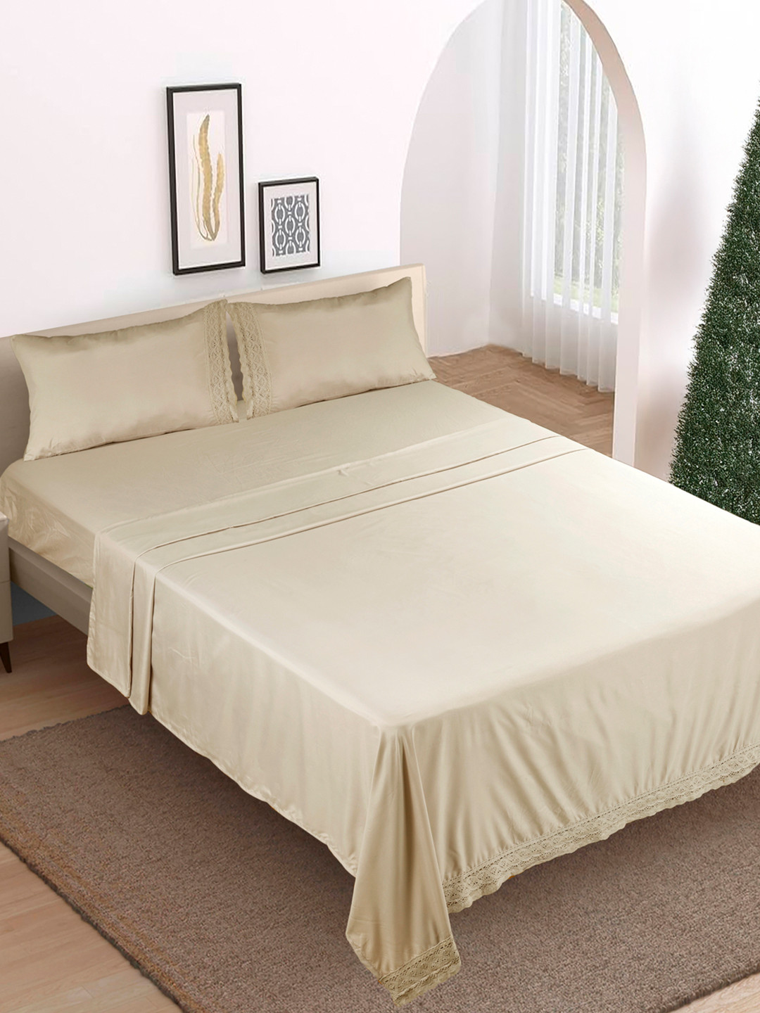 

Modern Threads Linen Lace Solid Microfiber 4 Piece King Size Bedsheet Set, Cream