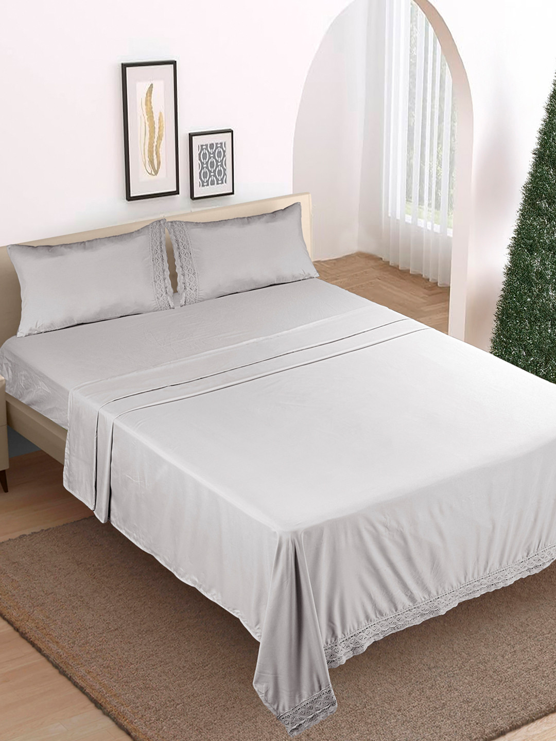 

Modern Threads Dove Grey Lace Solid Microfiber 4 Piece Queen Size Bedsheet Set