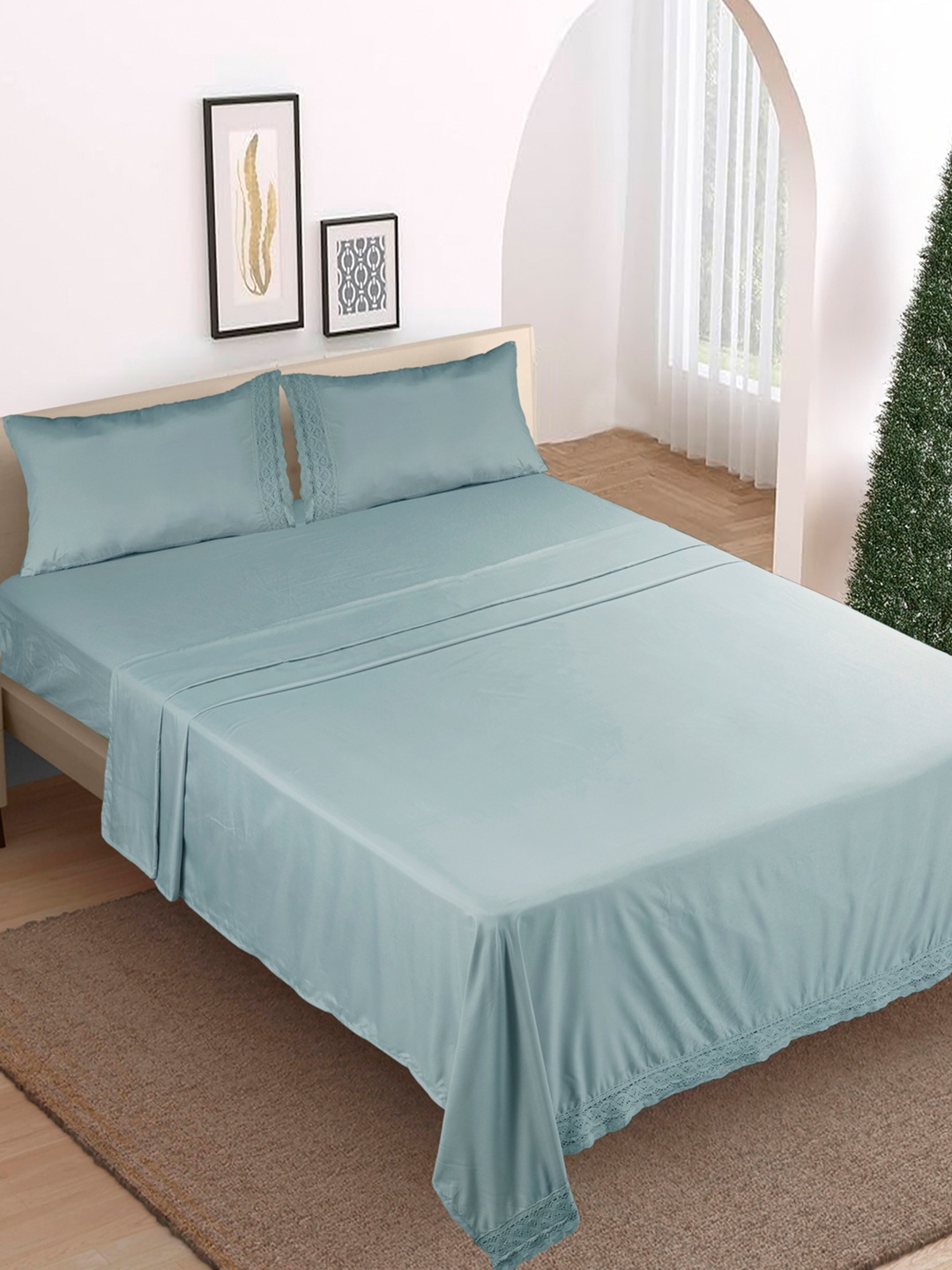 

Modern Threads Mineral Lace Solid Microfiber 4 Piece King Size Bedsheet Set, Turquoise blue