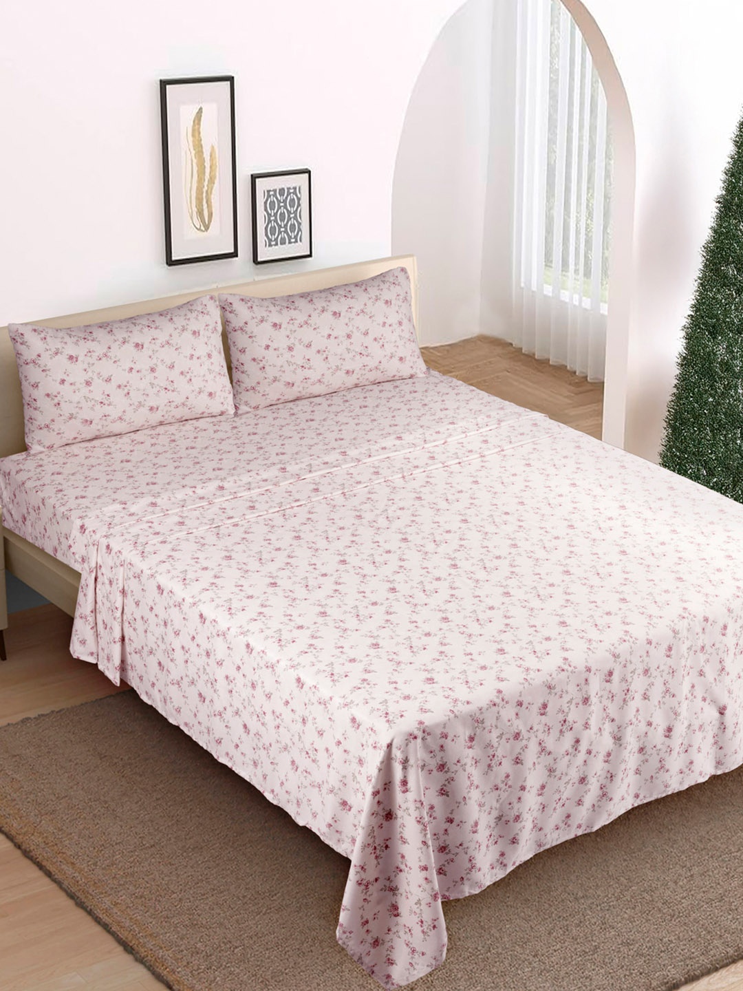 

Modern Threads Kashmir Rose Printed Microfiber 4 Piece Queen Size Bedsheet Set, Beige