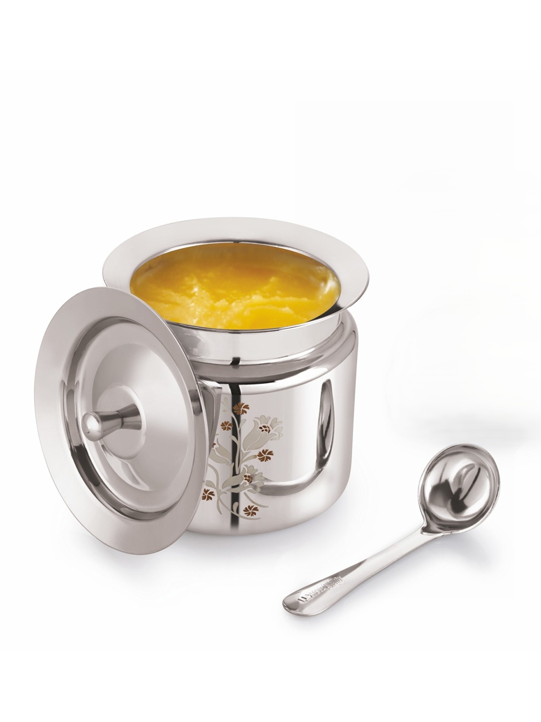 

MUKTI Floral Printed Stainless Steel Ghee Pot with Spoon 350ml, Silver