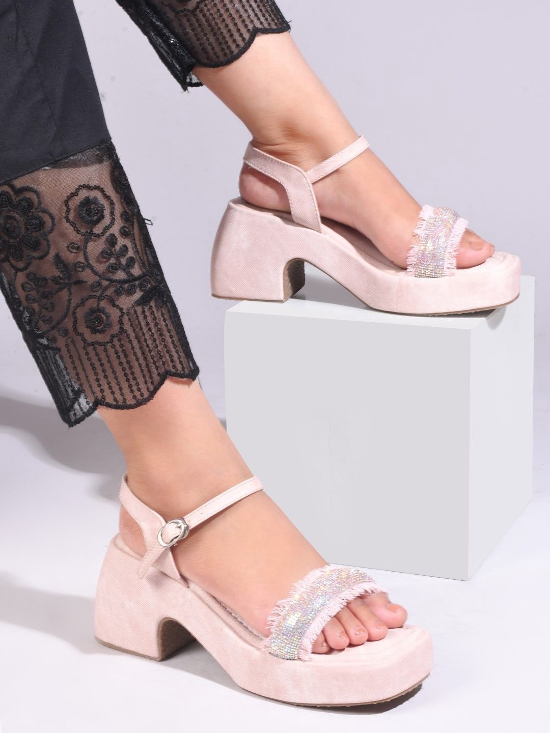 

JM Looks Women Textured Rhinestone Straps Block Heels Sandals, Peach