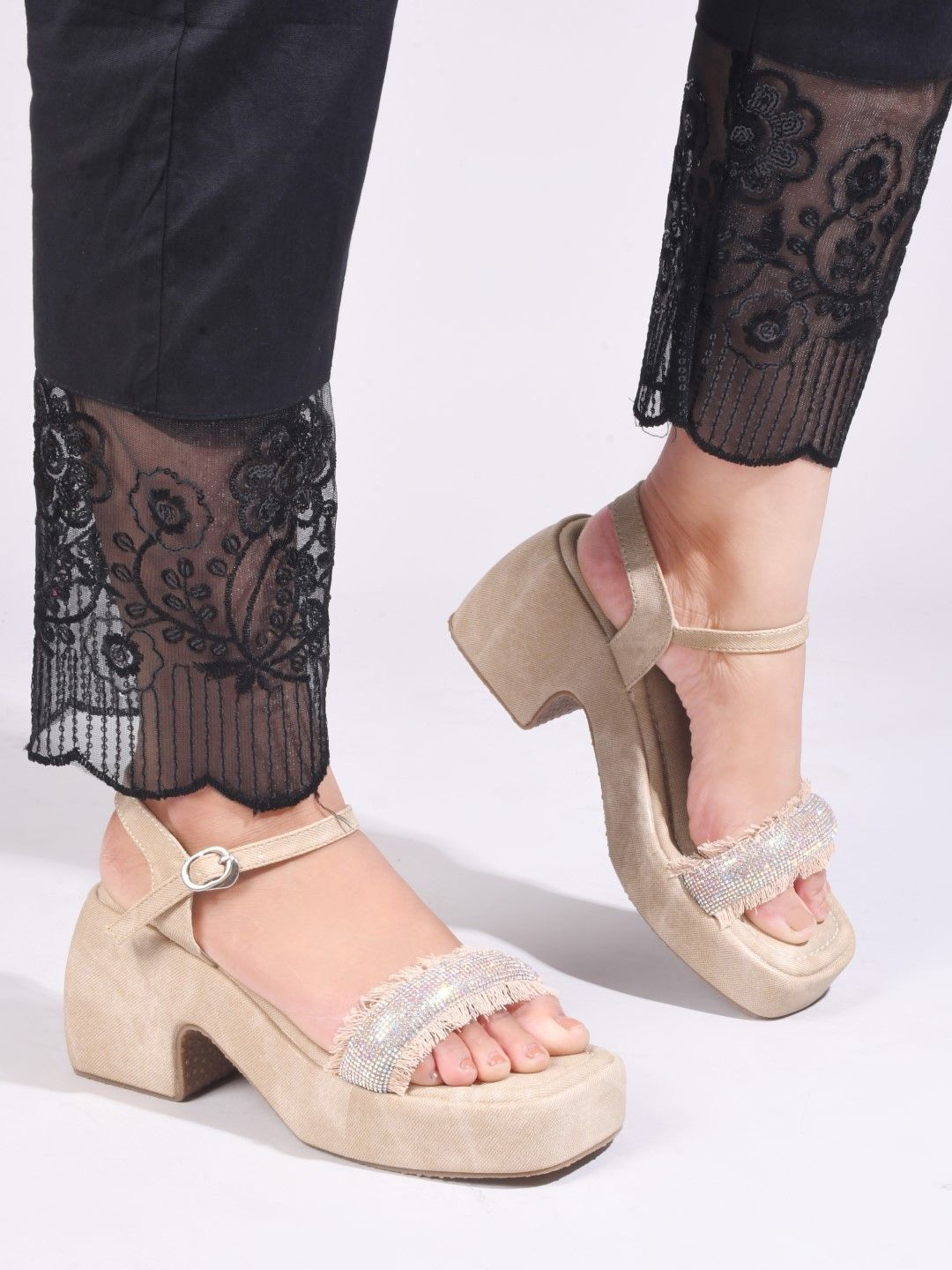 

JM Looks Women Block Heels with Rhinestone Straps Sandals, Beige